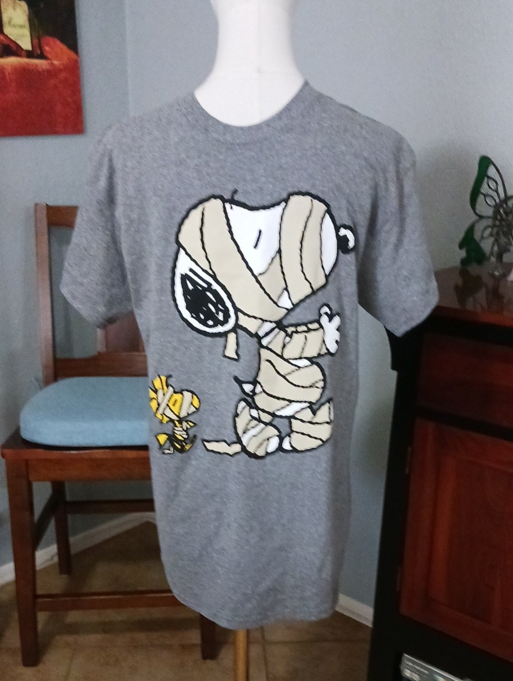 Men's Gray Graphic Peanuts Snoopy & Woodstock Mummy Tee